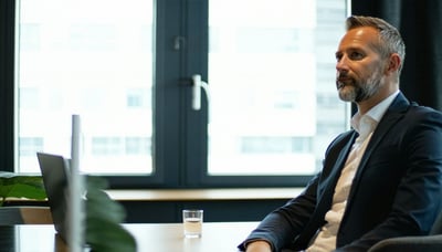 Calm leader reflecting with clarity in a serene office setting Calm leader reflecting with clarity in a serene office setting