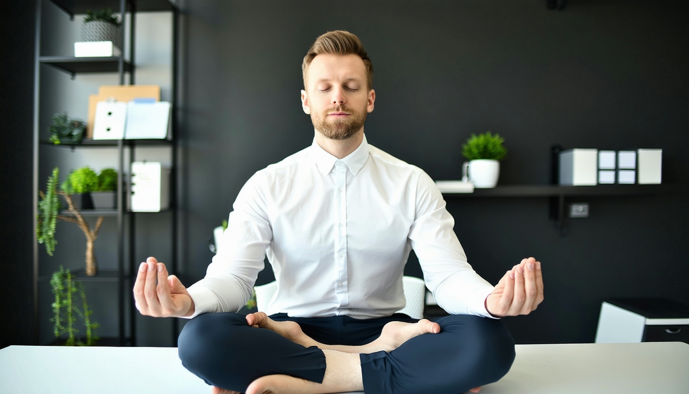 Manager meditating at desk with calm expression